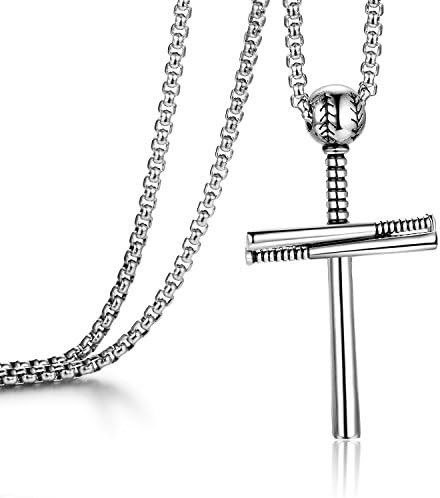 YOUFENGCross Necklace for Men Women Boy Athletes Cross Pendant Sports Stainless Steel Baseball and Baseball Bat
