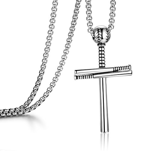 YOUFENGCross Necklace for Men Women Boy Athletes Cross Pendant Sports Stainless Steel Baseball and Baseball Bat