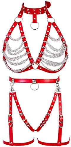 Red Leather Body Harness Set for Women Bralette Adjustable Lingerie Garter Belt