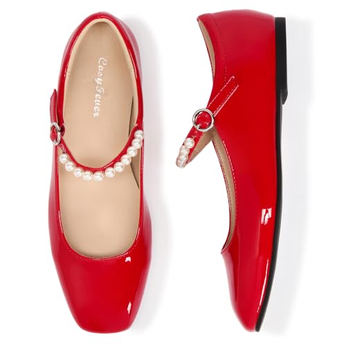 CosyFever Women's Red Pearl Strap Mary Jane Flats, Party Shoes at Amazon