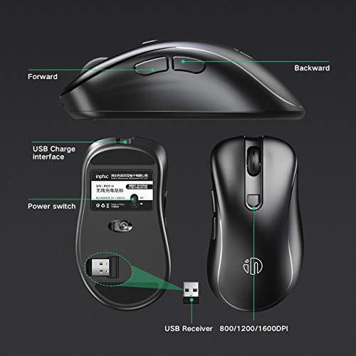 inphic Souris sans Fil, Silencieuse et Rechargeable USB 2.4G Souris d\'ordinateur 6 Boutons avec Récepteur USB Nano, 1600 DPI Réglable pour PC Ordinateur Portable Mac Windows MacBook Office, Noir