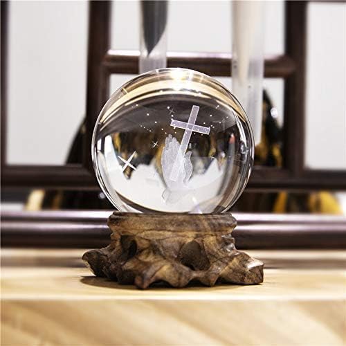 HDCRYSTALGIFTS 3D Cross Ball Crystal Paperweight Full Sphere Glass Fengshui With Woonden Base(60mm)