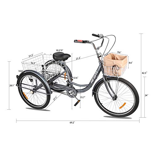 HIRAM 3-Wheeled Adult Tricycle with Removable Basket, 24" Wheels Trike for Men and Women, Single Speed Cruise Bike, Exercise Bike for Recreation and Shopping, Water-Proof Bag and Bicycle Bell