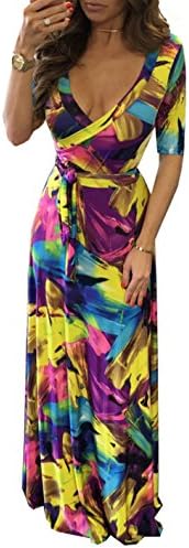 Olaron Women Sexy Colorful Print V Neck Wrap Front Long Sleeves Party Maxi Dress with Belt Large