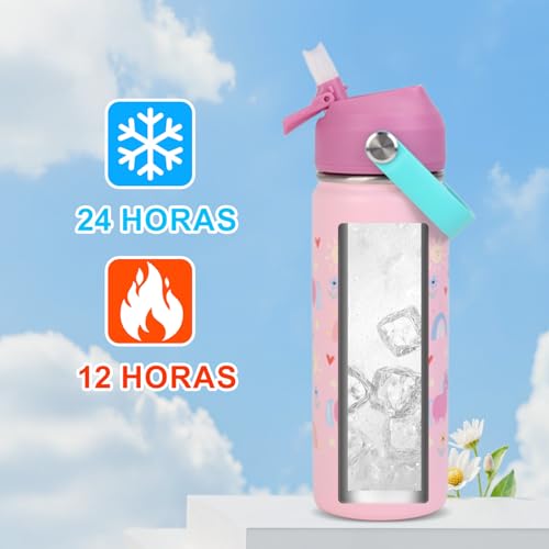 CHARMDOMI Termos para Agua Niños,Botella de Agua 18 oz,Thermos Kids Rosa/Azul/Amarillo/Verde,Acero Inoxidable Doble Capa con Popote,Termo y Botellas Frio y Caliente (Rosa)