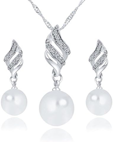 Bridal Necklace Earrings Women Pearl Necklace Ear Studs for Wedding Party Jewelry Hemlock (Silver)