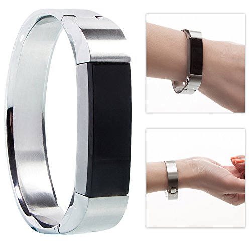NEW WAVE Metal Bangle Bracelet For Fitbit Alta HR and Alta, Accessory Band (Silver)