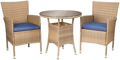 Outdoor Saxonburg 3 Piece Wicker Bistro Set in Beiges and Periwinkle Finish Table (28'' H x 27.5'' W x 27.5'' L in.) Chair (34.25'' H x 23.25'' W x 24'' D in.)