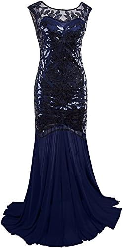 1920s Long Prom Dresses Sequins Beaded Art Deco Evening Party V Neck Back