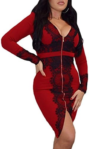Mxtoppy Women Sexy Bodycon Lace Dress Red Night Clubwear Party Cocktail Midi Dress Zip Slit Slim Waist (S) (S(US Size 4), A-Red)