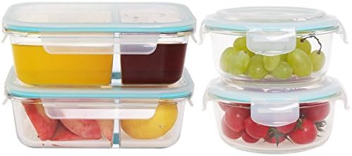 Glass Meal Prep Containers 2 Compartment with Locking Lids Mix Set (Rectangle Containers 35.5oz2+ Round Containers 22.0oz2) Microwave Lunch Containers for Food Storage