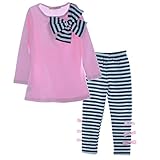Yo Coco Girls Pink Long Sleeve Bowtie Shirts + Striped Leggings Pants 2ps Sets Size 3-4 Y
