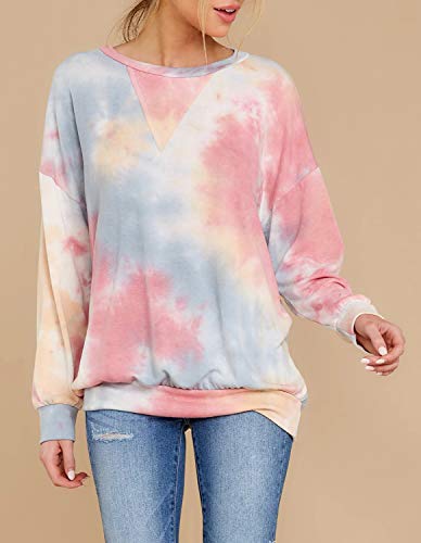 Huiyuzhi Womens Crew Neck Tie Dye Top Batwing Dolman Sleeve Rainbow Colorful Pullover Sweatshirt