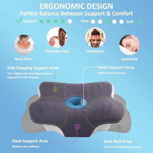 Memory Foam Pillow, Adjustable Butterfly Ergonomic Pillow, Cervical Neck Pillow for Pain Relief Contour Ergonomic Orthopedic Support Bed Pillow for Side Back Stomach Sleepers, Cooling Washable Cover