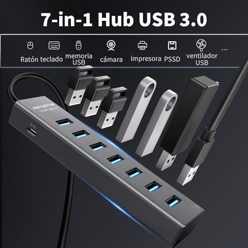 7 Ports USB 3.0 Hub with 180cm Cable for PC Computer, Aluminum USB Hub Multiport Adapter with USB 3.0 5Gbps, 5V 3A USB-C Powered for PC, Laptop, MacBook, Mouse, U-Disk, Keyboard