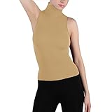 Seamless Ribbed Sleeveless Mock Neck Turtleneck Shaping Tank Top Hot Tee (Beige)