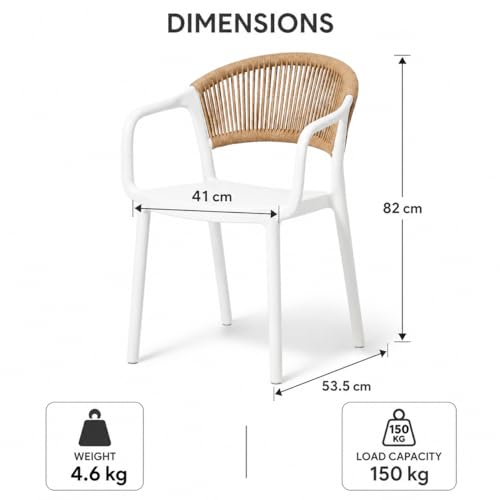MARCOLO Chair with Arms, Outdoor Plastic Dining Armchair, Weather & UV Resistant Patio Chair for Balcony, Garden, Kitchen & Indoor Outdoor Use, Modern Rope-Style Design, 41x53.5x82cm (White)