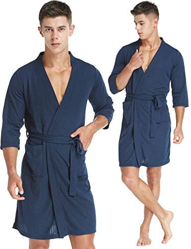 ROSESIMON Soft Waffle Robes for Men, Kimono Hotel Spa Robe - 3/4 Sleeve Knee-Length Bathrobe - Size Upgraded