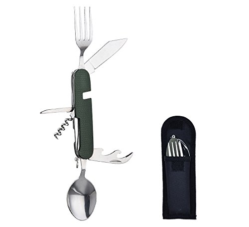 Hikenture 6-In-1 Camping Multitool Utensil Stainless Steel Fork Knife Spoon Bottle Opener Set with Storage Case - Compact Backpacking Hiking Portable Flatware - Travel Cutlery Set for Scout (Green)