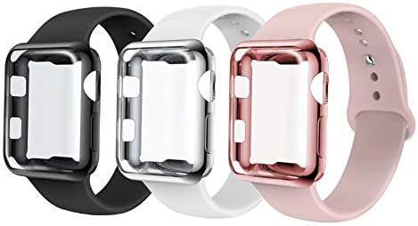INZAKI Compatible with Apple Watch Strap with Case 38mm 40mm 42mm 44mm, Silicone Replacement Band with Screen Protector Cover for Wristband for iWatch Series 4/3 / 2/1, Nike+, Sport, Edition,S/M,M/L