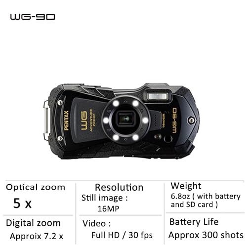 PENTAX WG-90 Black Waterproof Camera, Shockproof, Dustproof, Freezeproof, Built-in 6-LED Ring Light for Macro Photography, Underwater Shooting Mode