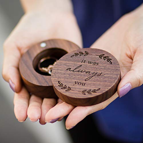 MUUJEE It Was Always You Wooden Ring Box - Engraved Round Wood Ring Holder Mr and Mrs Ring Box for Engagement Proposal Wedding Ceremony Anniversary Valentines Day Gift for Him Her Husband Wife - Thumbnail 7