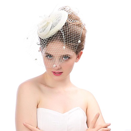 image for SUKEQ Fascinator Hat, 2018 New Feather Mesh Net Veil Party Hat Clip He