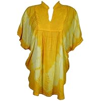 Womens Top Tie Dye Yellow Neck Embroidered Caftan Blouse OneSize