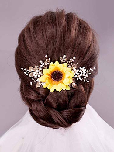 Barogirl Bridal Sunflower Hair Comb Clip Crystal Bride Gold