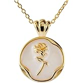 Round Rose Flower Pendant Necklace for Women 925 Sterling Silver Shell Pearl Embossed Link Chain Adjustable Birthday Wedding Anniversary Jewelry for Mother Daughter 18 Inch