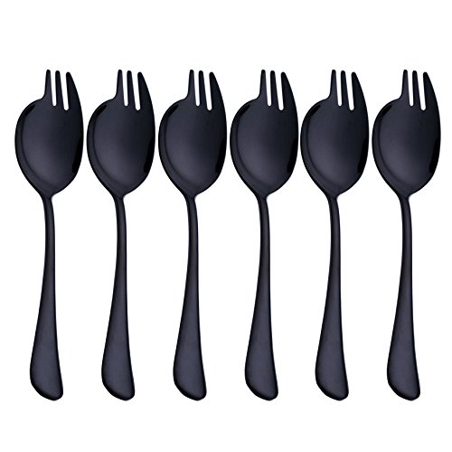 Black Sporks 6-pack Stainless Steel Spork Long Handle for Fruit Appetizer Dessert Salad Forks Noodle Spoon Flatware Silverware Set, 7.6-inch