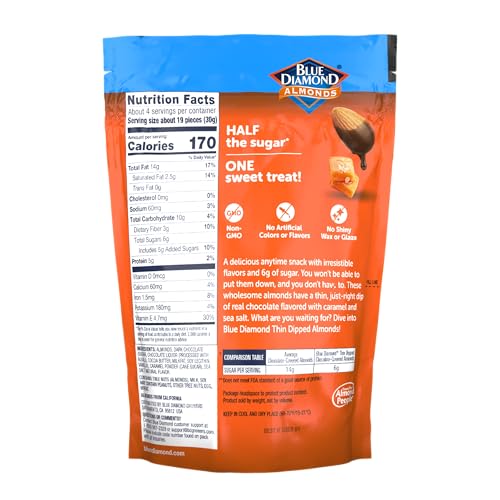 BLUE DIAMOND ALMONDS, DARK CHOCOLATE SEA SALT CARAMEL COVERED THIN DIPPED SNACK NUTS FOR GUILT-FREE SNACKING WITH HALF THE SUGAR, PERFECT FOR GATHERING, HOLIDAYS, OR CRAVING A SWEET TREAT, 4OZ. RESEALABLE BAG