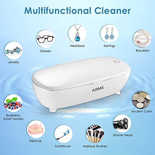 AIRMX Ultrasonic Jewelry Cleaner Portable - Low Noise Ultrasonic Machine for Jewelry, Ring, Silver, Retainer, Eyeglass, Watches, Coins, 450ML, 46KHz Ultrasound Cleaner Machine (White)