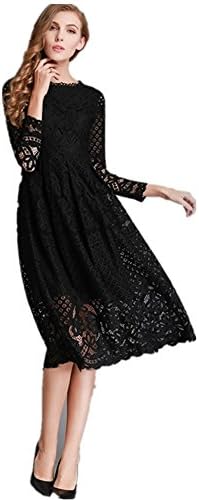 MoonlightCity Women Spring Autumn Bohemian Hollow Long-sleeved Lace Dress Black XXL
