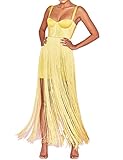UONBOX Women's Elegnat Bustier Cut Long Maxi Tassel Fringe Cocktail Night Party Bandage Dress (Yellow, XL)