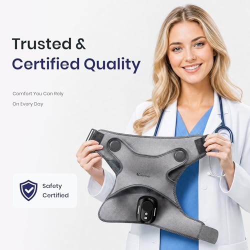 Swancode Triple Method Shoulder Massager with Heat, Vibration and Brace Support, 5000mAh Cordless Shoulder Heating Pad with Magnetic Controller, Shoulder Wrap for Muscle Relief