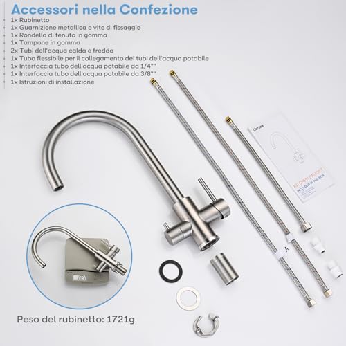 DETBOM 3 Way Kitchen Sink Tap for Osmosis Systems, 3 in 1 Double Lever Drinking Water, Hot and Cold, 360° Swivel, Stainless Steel, Brushed Silver