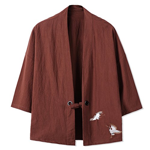 Men's Cotton Blends Linen Open Front Cardigan Embroidery Kimono Jackets