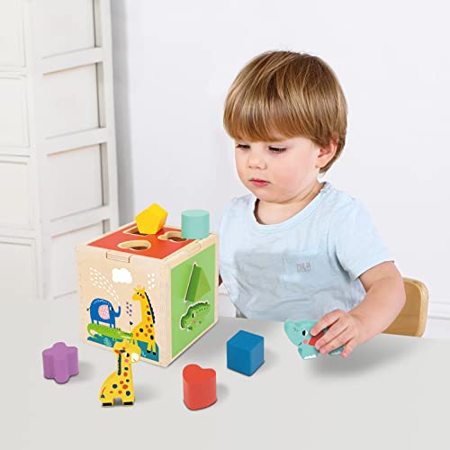 TOOKYLAND Wooden Shape Sorter Cube Toy, Wooden Animal Blocks Geometric
