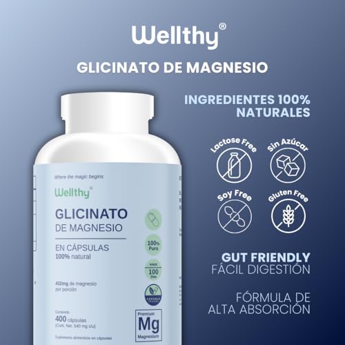 Wellthy Glicinato de Magnesio 400 Cápsulas 432mg. 100% Natural, 100% Puro, Alta Absorción, Cápsulas Veganas.