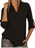 OURS Womens Blouses V Neck Ladies Loose Casual Cuffed Sleeve Shirts Tops