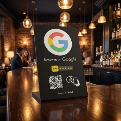 NFC and QR Code Display Plate for Google Reviews, TripAdvisor, Trustpilot | Black Acrylic Resin Counter Stand, iOS and Android Compatible, No App
