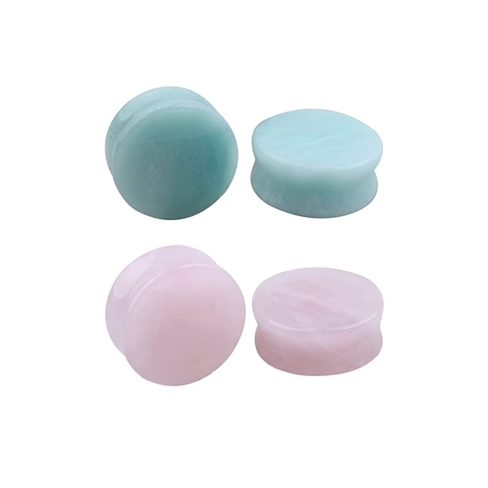 2Pairs Rose Quartz Aventurine Natural Organic Stone Ear Plugs Gauges Tunnel Expanders Stretcher Double Flared Amazonite Flesh Piercings Body Jewelry Set (9/16"(14mm))