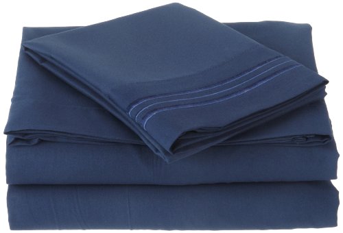 Cathay Home Microfiber Peach Skin Sheet Set with Triple Line Embroidered Pillow Cases, King Size, Navy