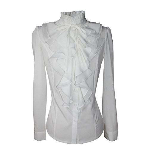 Y&Z Shirts For Women Stand-Up Collar Vintage Victoria Ruffle Long Sleeve BS02 (S, BS02-White)