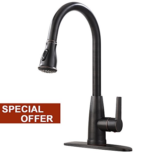 Lead-Free Antique Brass Oli Rubbed Bronze Stainless Steel Single Lever Single Handle Pull Down Sprayer Kitchen Sink Faucet, Kitchen Faucet Pull Out with Deck Plate - Thumbnail 7
