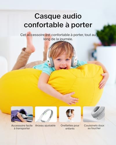 SoundForm Mini Casque Audio sans Fil pour Enfants avec Micro intégré (Circum-aural, autonomie de 30 h, pour Apprentissage, Voyages, Autocollants Amusants, pour iPhone, iPad, Galaxy) - Blanc