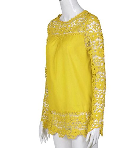 PHOTNO Fashion lace chiffon blouse long sleeve shirt women loose cotton tops t shirts S-XXXXXL (XXXXXL, Yellow) - Thumbnail 2