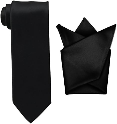 Tie Master - Mens Necktie Set Solid Color Poly Satin Tie With Matching Hanky - Black