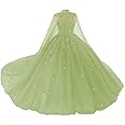 PFTFB Women's Puffy Tulle Quinceanera Dresses with Cape Lace Sequins Prom Dresses Sweetheart Beaded Ball Gown for Sweet 15 16